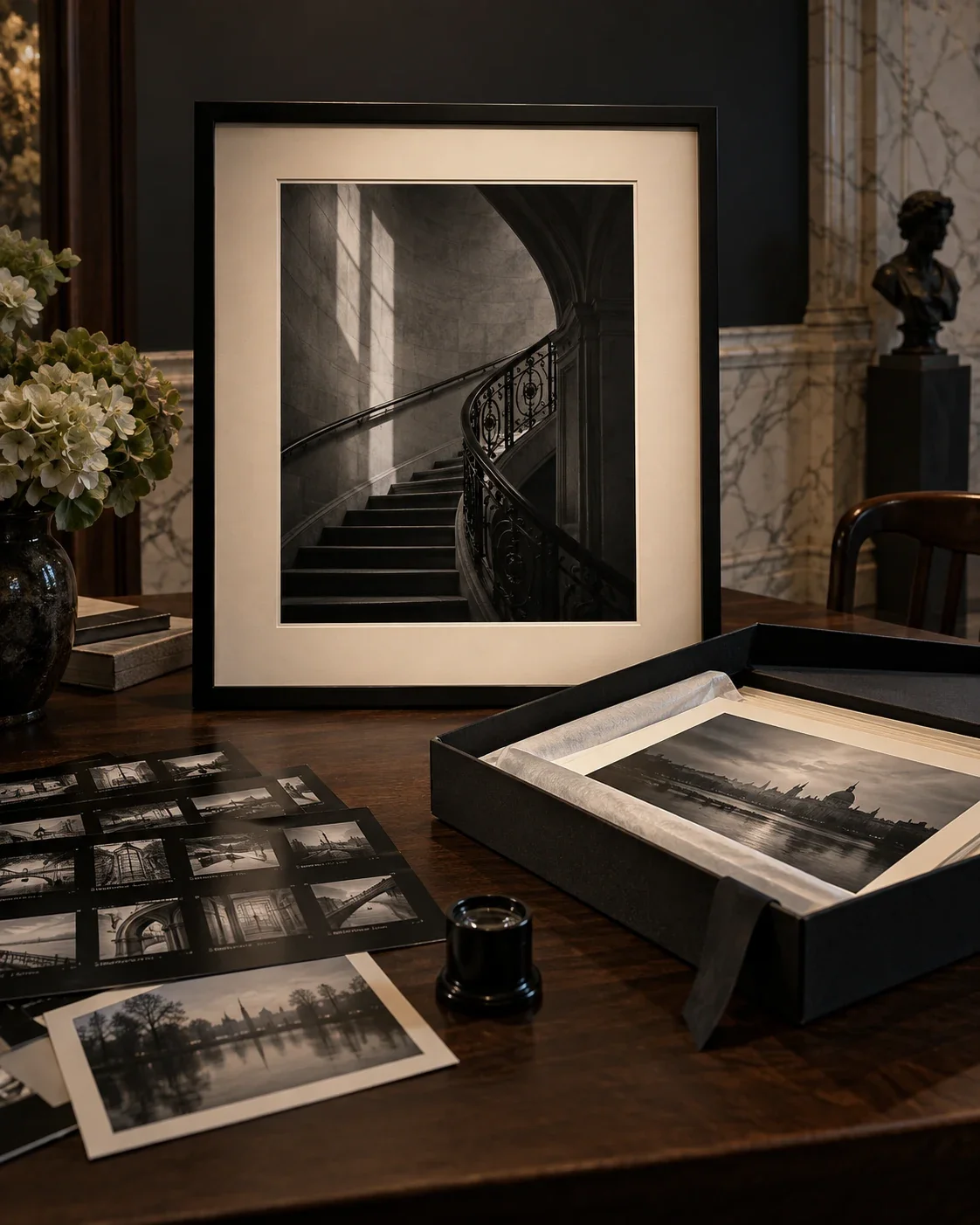 A framed fine-art print and a presentation box of prints arranged on a dark wooden table