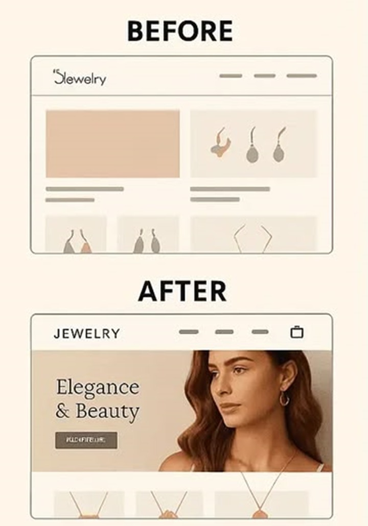 A jewellery store homepage before and after customisation: a plain default layout, then a considered layout with a clear hero and product row