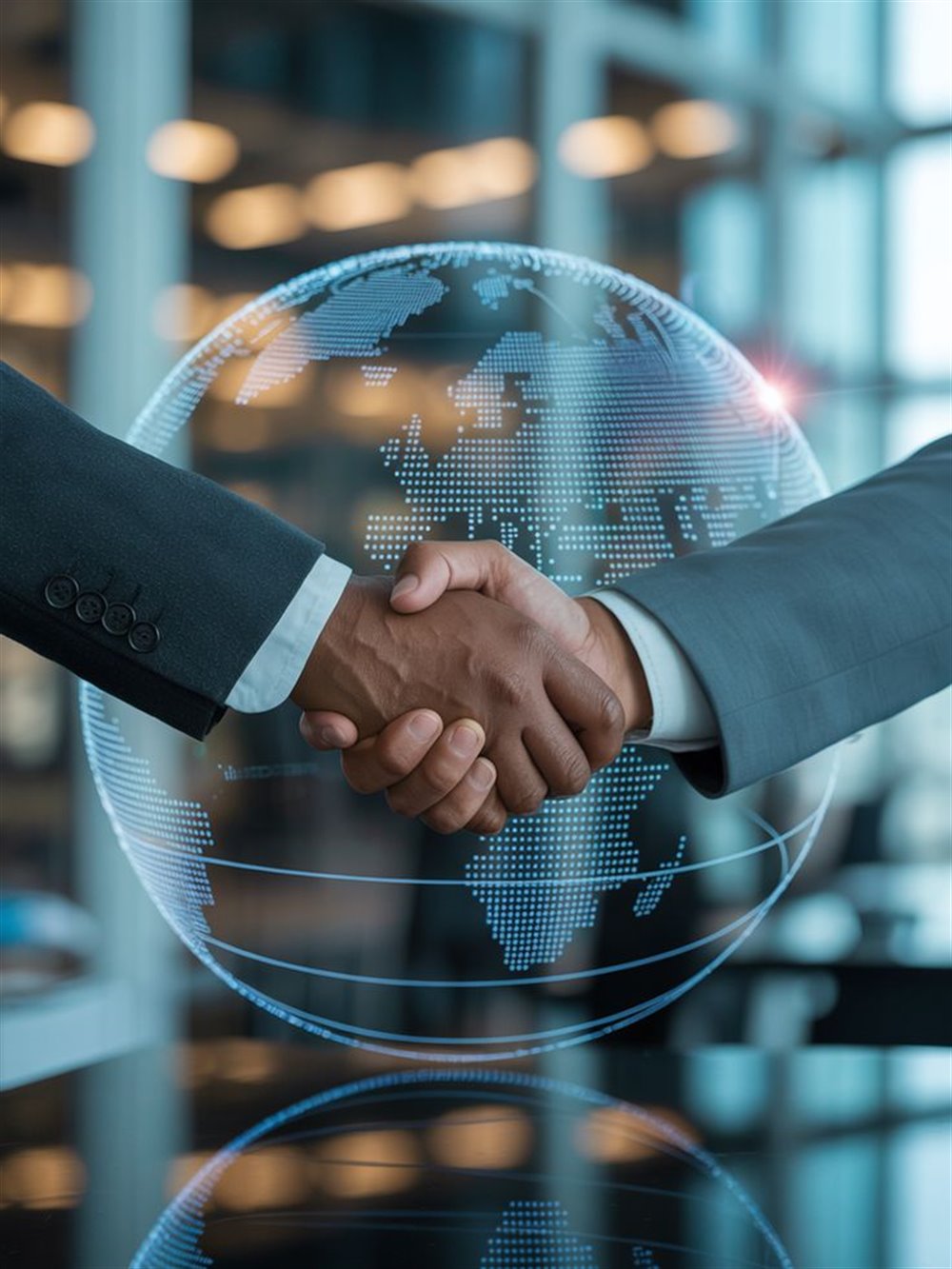 Two people shaking hands in front of a digital globe, representing a working partnership
